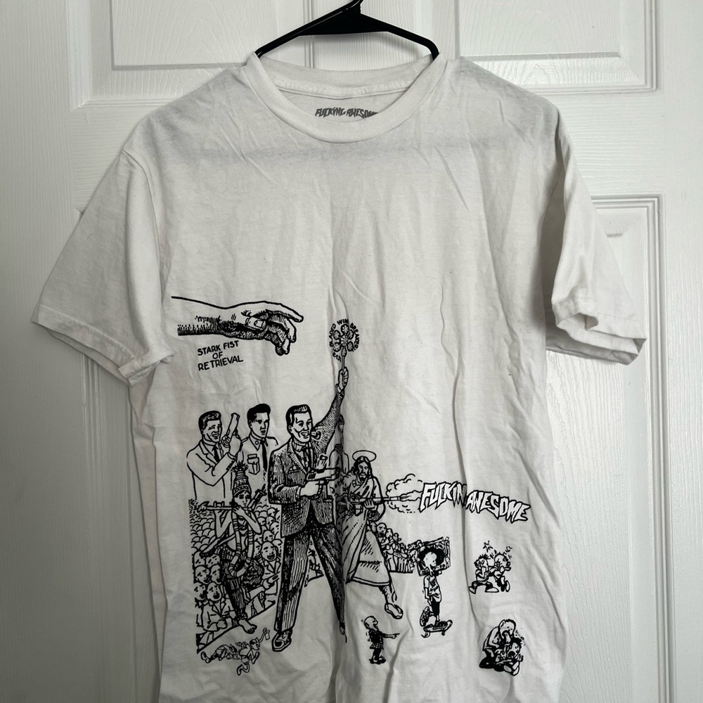 FA White Graphic Tee with Black Illustrations